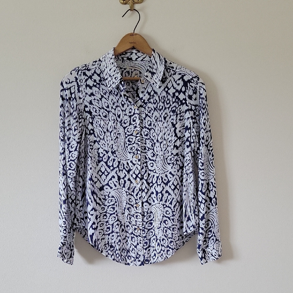 Lilly Pulitzer Sea View Peacock Long‎ Sleeve Button Down Shirt Size XS
